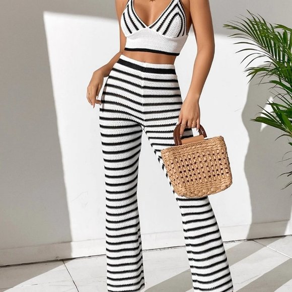 . Pants - Coord set Preppy Womens Striped Pattern Cami Knit Top & Knit Pants